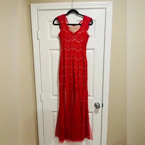 chinese dress ladies Long Red Floral Formal Dress: Betsy & Adam A27036 Red Multi / 0
